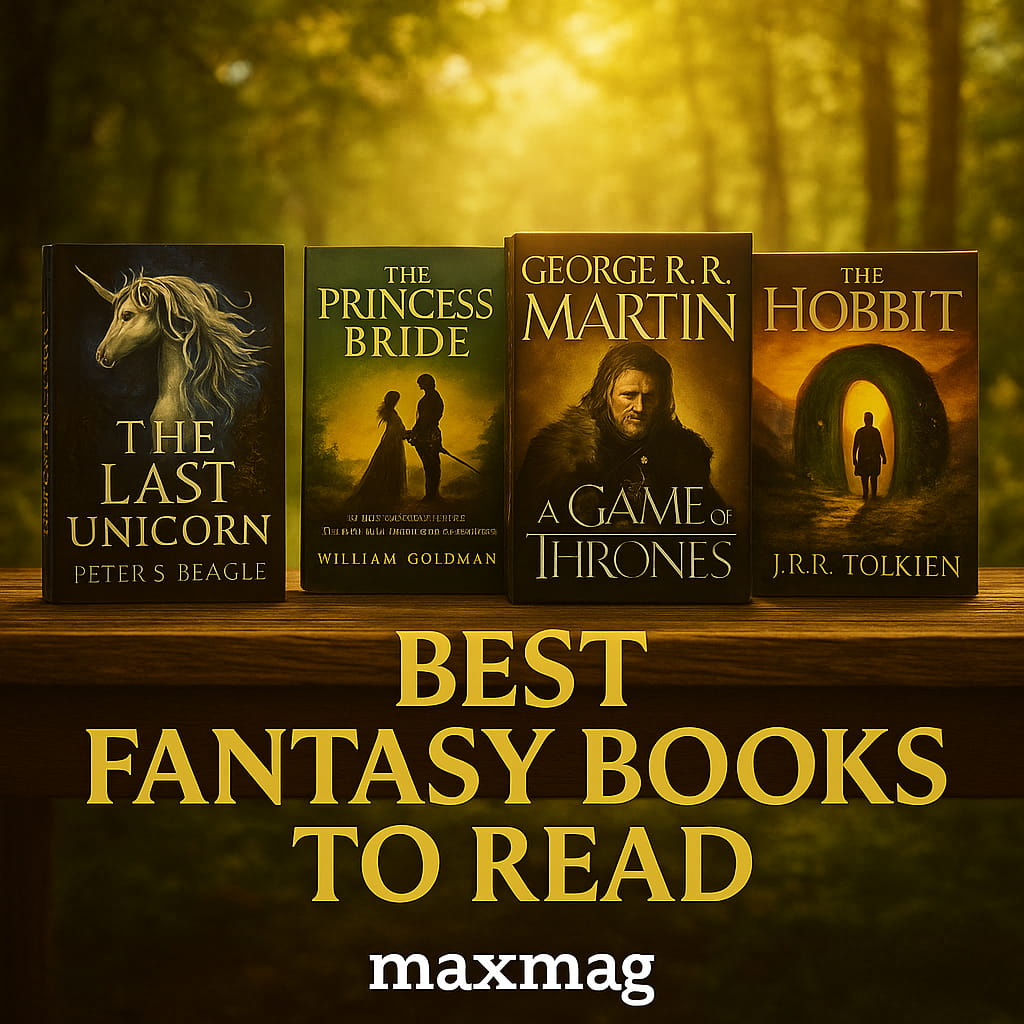 Rectangular cinematic thumbnail showing fantasy novels on a table under glowing sunlight in a magical forest. Gold serif text reads “BEST FANTASY BOOKS TO READ” with “maxmag” below in white.