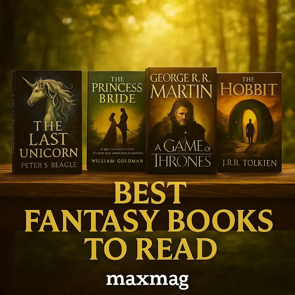 Rectangular cinematic thumbnail showing fantasy novels on a table under glowing sunlight in a magical forest. Gold serif text reads “BEST FANTASY BOOKS TO READ” with “maxmag” below in white.