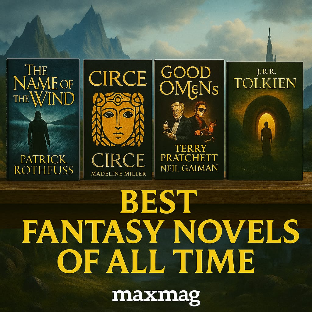 A serene fantasy thumbnail showing The Name of the Wind, Circe, Good Omens, and The Tolkien on a shelf before misty mountains, with warm twilight tones and matte gold text reading “Best Fantasy Novels of All Time” above the Maxmag logo.
