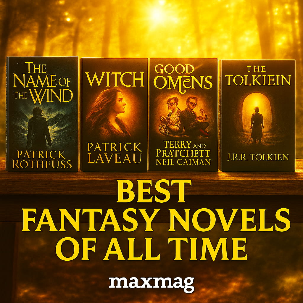 A glossy, radiant fantasy thumbnail showing four novels—The Name of the Wind, Witch, Good Omens, and The Tolkien—on a luminous wooden shelf against a glowing golden forest background with bold metallic text reading “Best Fantasy Novels of All Time” and the Maxmag logo below.