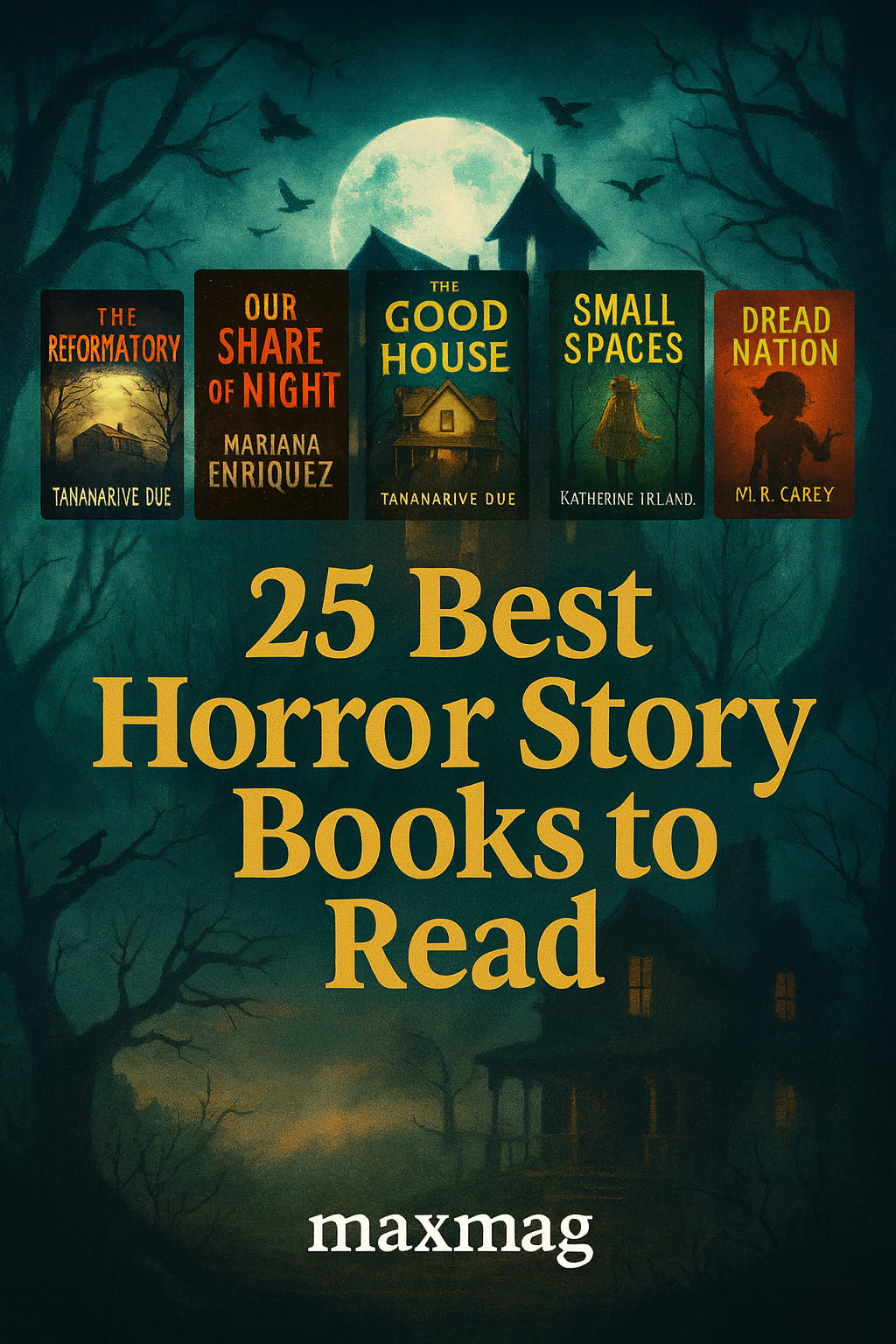 Foggy haunted-house night scene with six faux book covers—The Reformatory, Our Share of Night, The Good House, Small Spaces, Dread Nation, The Girl with All the Gifts—and the title “Best Horror Story Books to Read.”