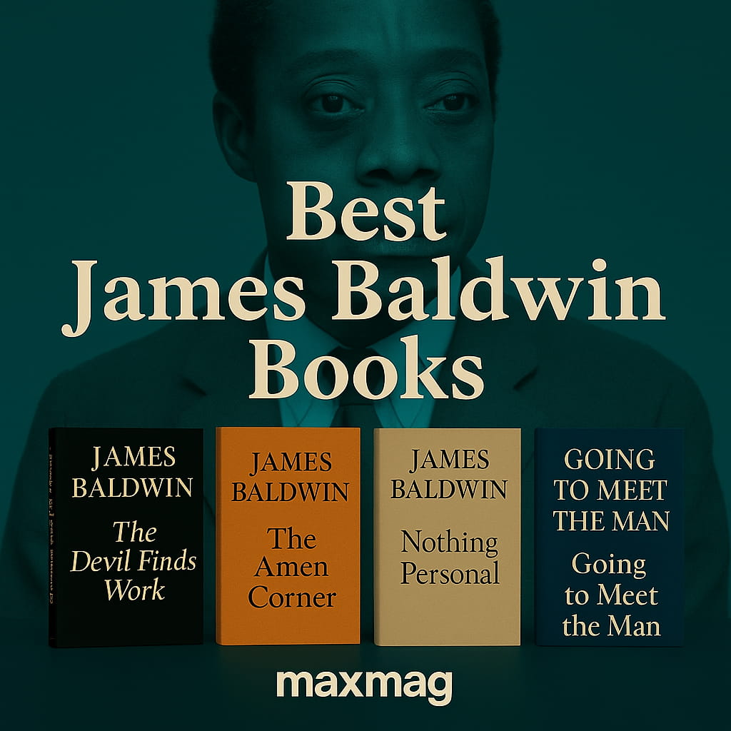 Square thumbnail with a full teal-tinted portrait of James Baldwin, large centered headline “Best James Baldwin Books,” four featured titles (The Devil Finds Work, The Amen Corner, Nothing Personal, Going to Meet the Man) arranged as book spines along the bottom, and the “maxmag” wordmark centered at the footer.