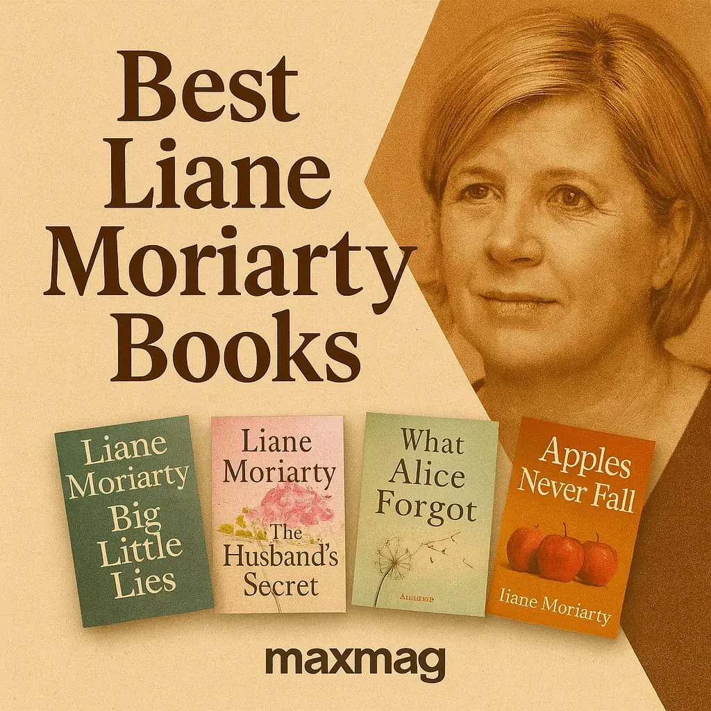Vintage square thumbnail featuring a sepia portrait of Liane Moriarty on the right, large serif headline “Best Liane Moriarty Books” on the left, four book covers (“Big Little Lies,” “The Husband’s Secret,” “What Alice Forgot,” “Apples Never Fall”) arranged along the bottom, and “maxmag” centered at the foot.