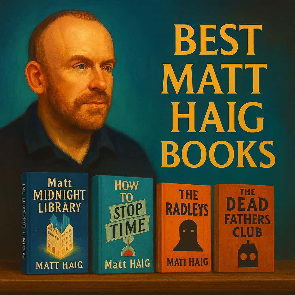 square, painterly thumbnail in Agatha-style layout with Matt Haig’s portrait on the left, gold serif title “Best Matt Haig Books” on teal background, and four stylized book spines on a wood shelf: The Midnight Library, How to Stop Time, The Radleys, The Dead Fathers Club.