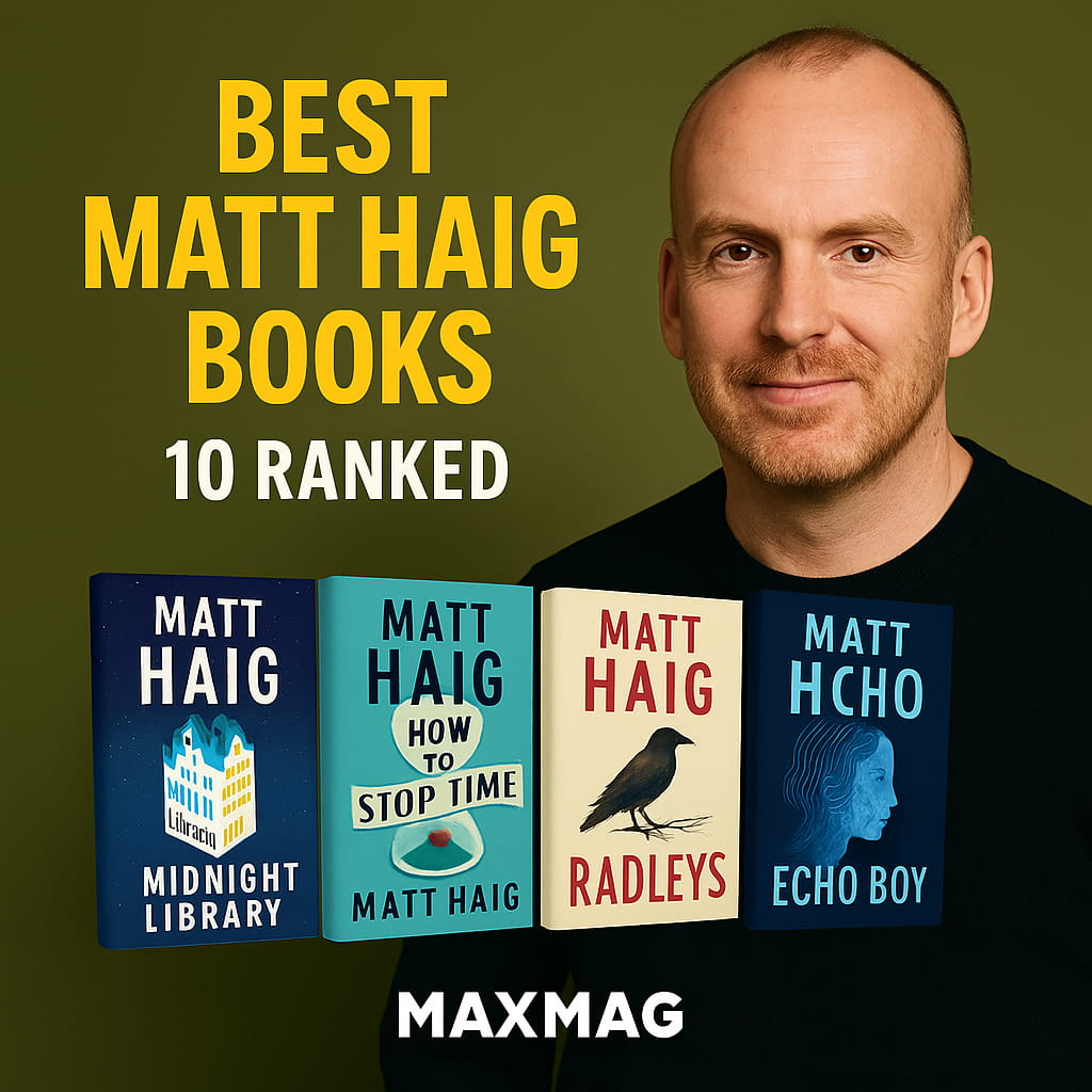 square thumbnail with Matt Haig’s portrait on the right, bold yellow title “Best Matt Haig Books” on olive background, subline “10 Ranked,” four stylized covers along the bottom (The Midnight Library, How to Stop Time, The Radleys, Echo Boy), and “MAXMAG” centered at the bottom.