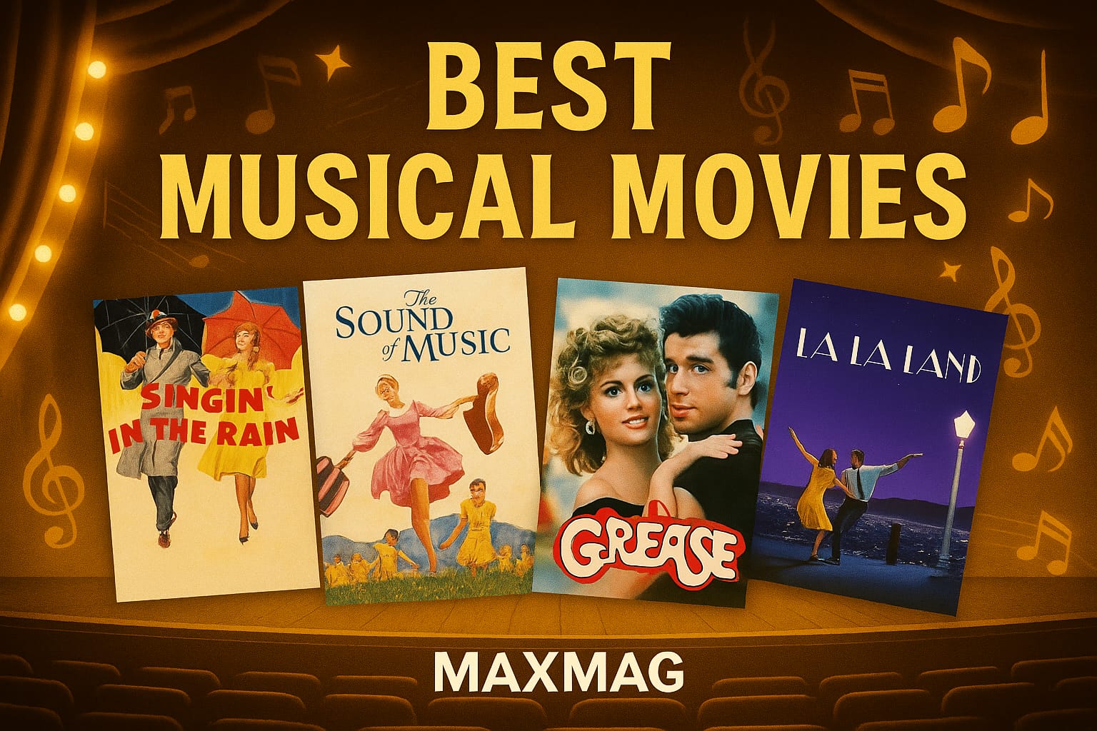 Cinematic thumbnail for “Best Musical Movies,” featuring posters of Singin’ in the Rain, The Sound of Music, Grease, and La La Land on a red-gold stage background with spotlight beams and “MAXMAG” at the bottom center.