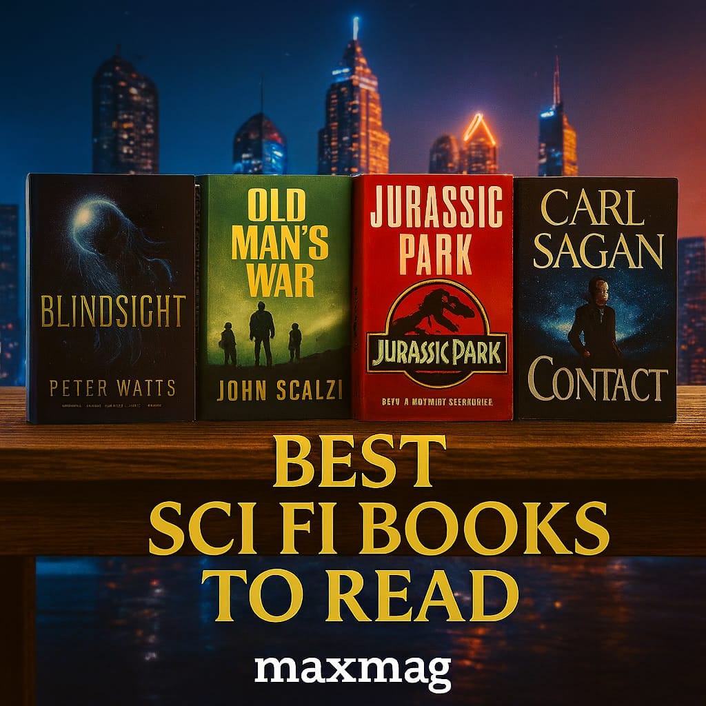 Square cinematic thumbnail featuring four sci-fi book covers (Blindsight, Old Man’s War, Jurassic Park, Contact) displayed on a wooden surface with a futuristic city skyline glowing in the background.