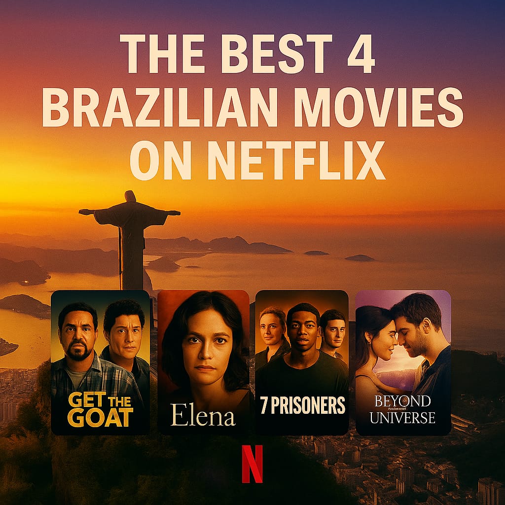 Square cinematic thumbnail with a shiny Rio de Janeiro sunset background, Christ the Redeemer statue, and four posters for Get the Goat, Elena, 7 Prisoners, and Beyond the Universe under the title “The Best 4 Brazilian Movies on Netflix.”