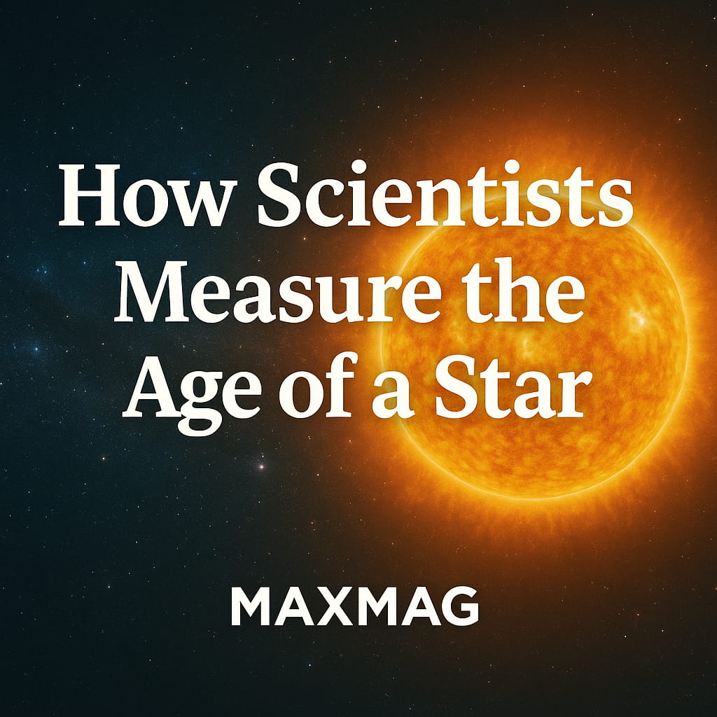 Astronomy-themed thumbnail showing a glowing orange-yellow star against a dark, starry background with the title “How Scientists Measure the Age of a Star” in white text and “MAXMAG” at the bottom center.