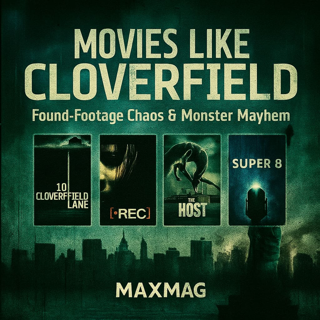 Square “Movies Like Cloverfield” thumbnail with stormy, teal NYC skyline, cracked-grain texture, and mini poster cards for “10 Cloverfield Lane,” “[REC],” “The Host,” and “Super 8.” Bold title at top, subtitle “Found-Footage Chaos & Monster Mayhem,” and “MAXMAG” centered at the bottom.