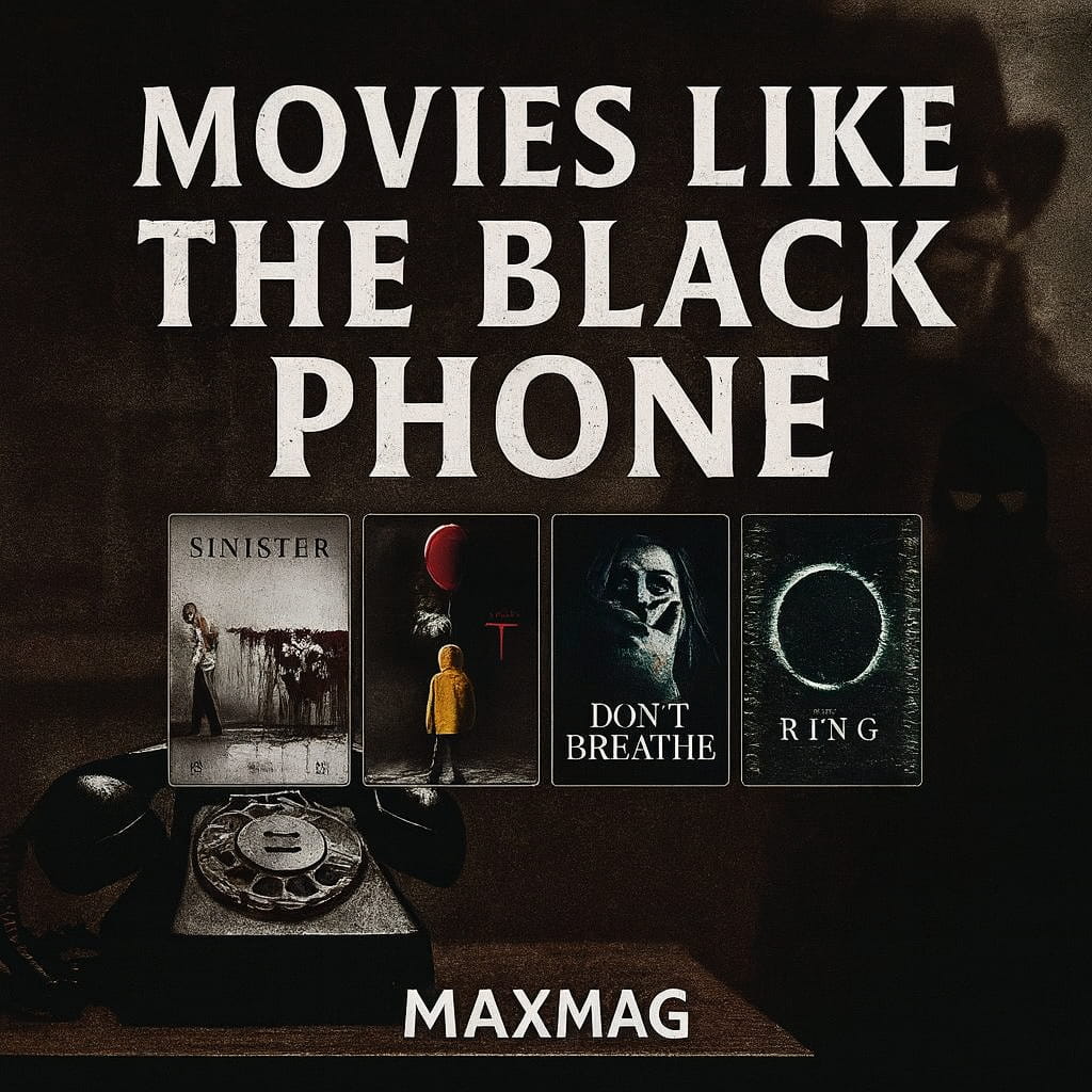 Cinematic poster for “Movies Like The Black Phone” featuring a dark basement setting, a rotary phone on a table, and a masked shadow in the background. Four horror movie posters — Sinister, It, Don’t Breathe, and The Ring — are displayed below the title, with the MAXMAG logo at the bottom.