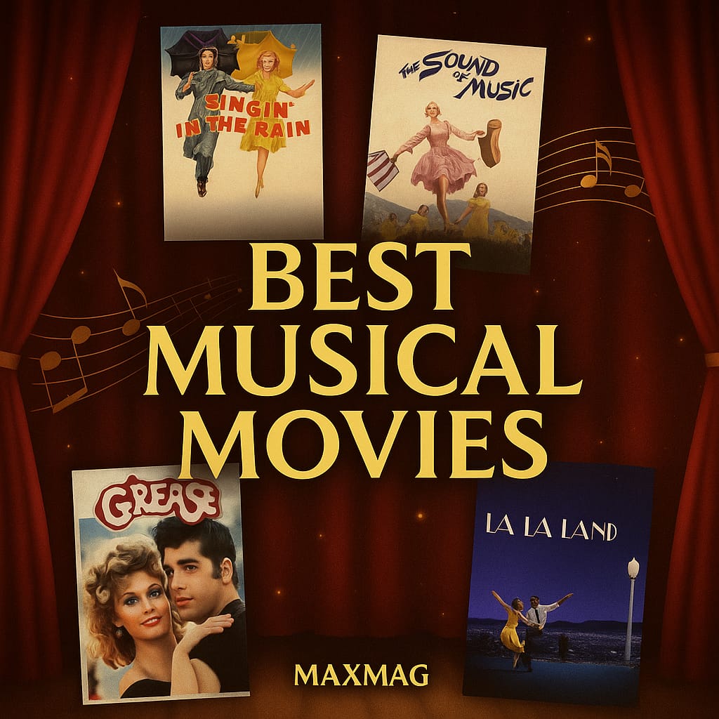 Square cinematic thumbnail for “Best Musical Movies,” featuring posters of Singin’ in the Rain, The Sound of Music, Grease, and La La Land arranged symmetrically over red theater curtains and golden lighting with MAXMAG logo at the bottom.