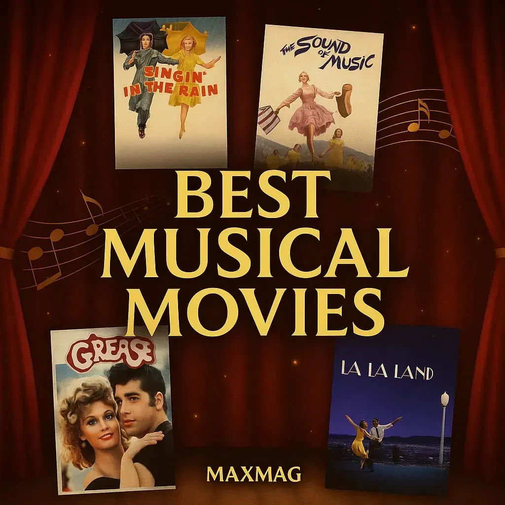 Square cinematic thumbnail for “Best Musical Movies,” featuring posters of Singin’ in the Rain, The Sound of Music, Grease, and La La Land arranged symmetrically over red theater curtains and golden lighting with MAXMAG logo at the bottom.