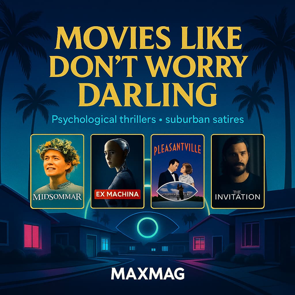 Square thumbnail with teal-blue suburban night scene and palm trees. Bold gold title reads “MOVIES LIKE DON’T WORRY DARLING,” with subtitle “Psychological thrillers • suburban satires.” Four framed posters—Midsommar, Ex Machina, Pleasantville, The Invitation—sit centered above a cul-de-sac with a subtle surveillance-eye motif. “MAXMAG” appears at the bottom center.