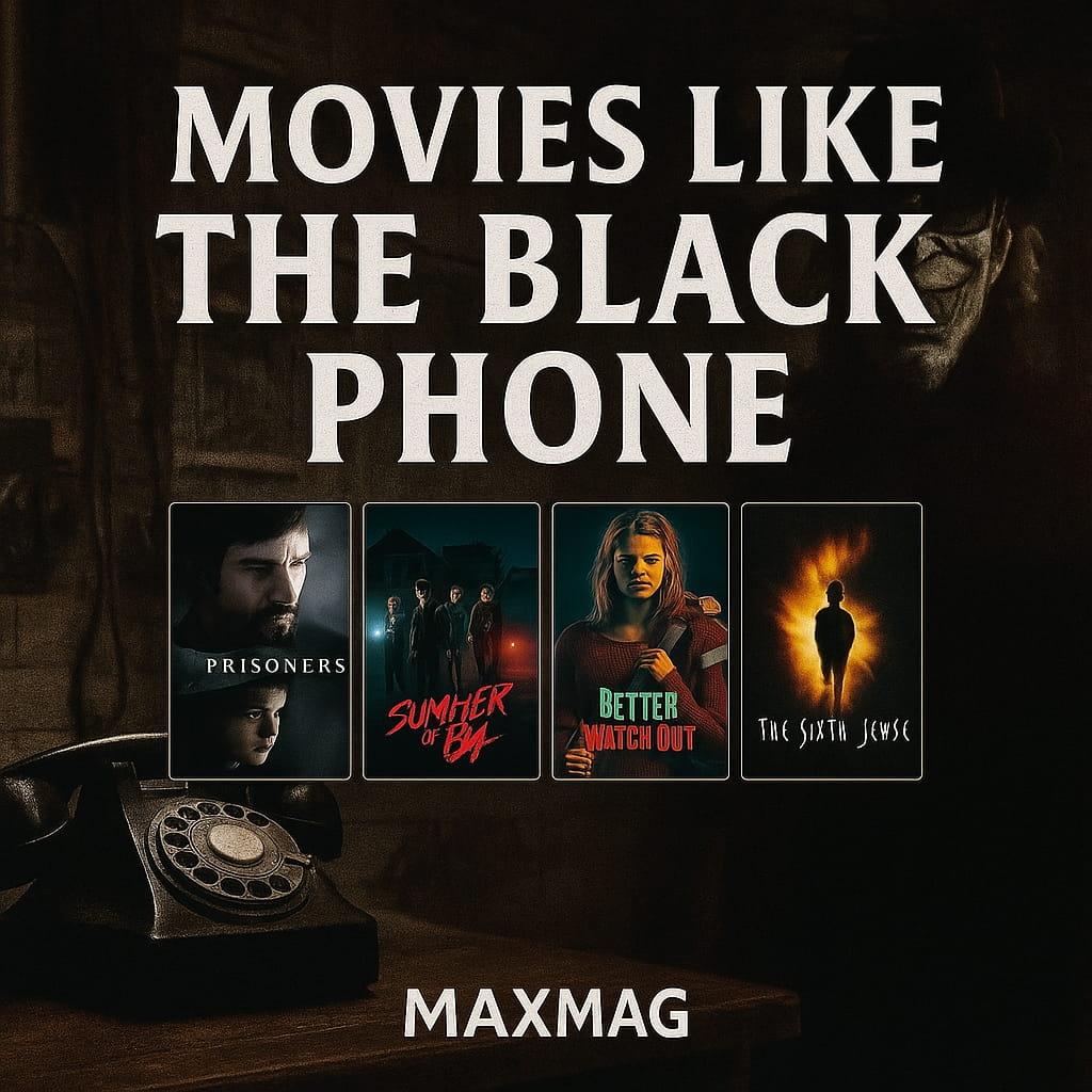 Dark, atmospheric square poster for “Movies Like The Black Phone” showing an old rotary phone and a masked presence in the shadows. Beneath the title, four similar films — Prisoners, Summer of 84, Better Watch Out, and The Sixth Sense — appear, with the MAXMAG brand centered below.