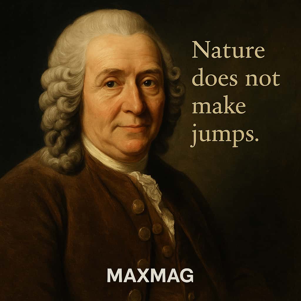 Cinematic square portrait of Carl Linnaeus on a dark background, with the quote “Nature does not make jumps.” in elegant serif text beside him and the MAXMAG logo centered at the bottom.
