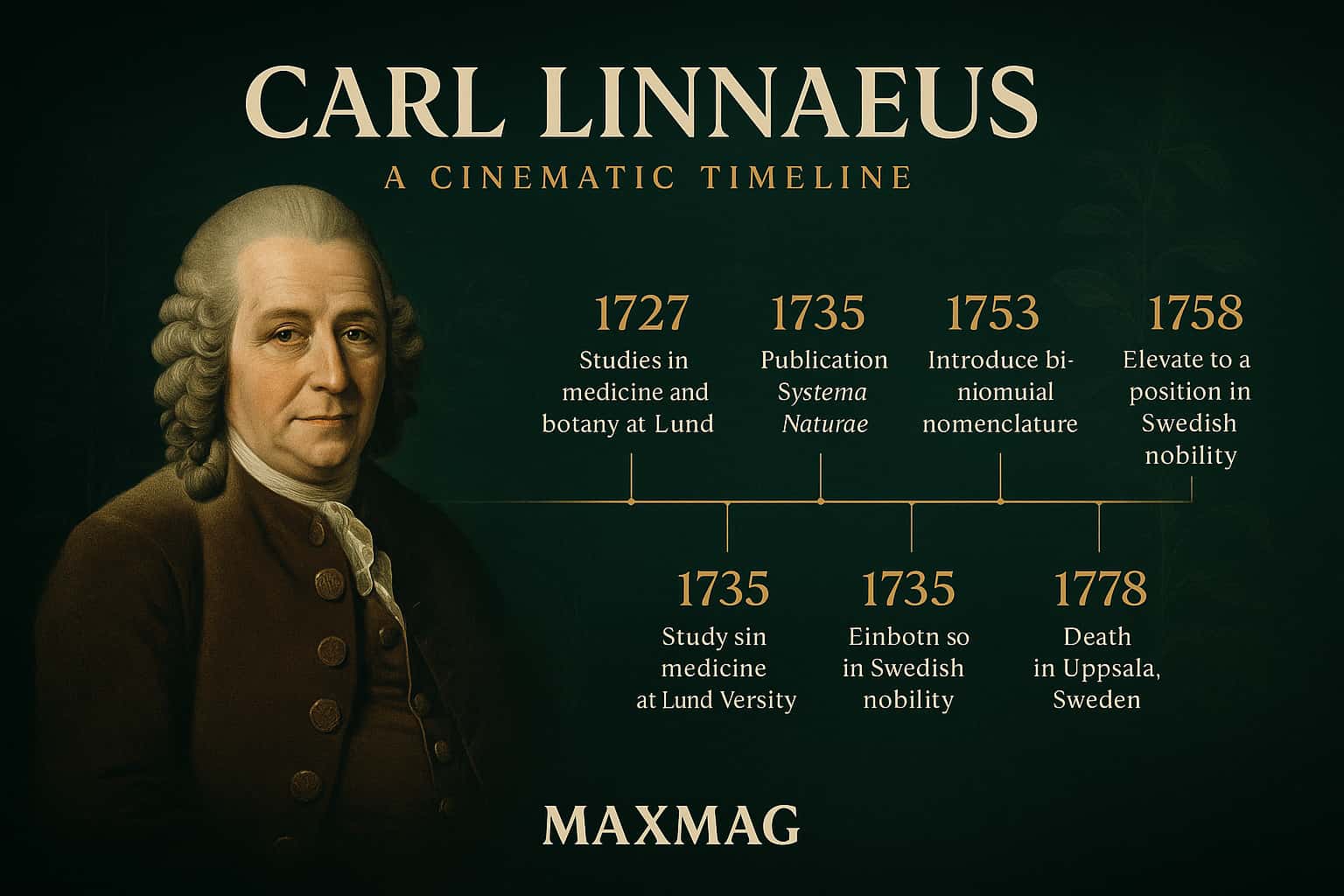 Cinematic horizontal timeline illustration for a Carl Linnaeus biography, showing his portrait on the left and six golden-dated milestones from his scientific life across a dark green botanical background, with MAXMAG branding at the bottom center.
