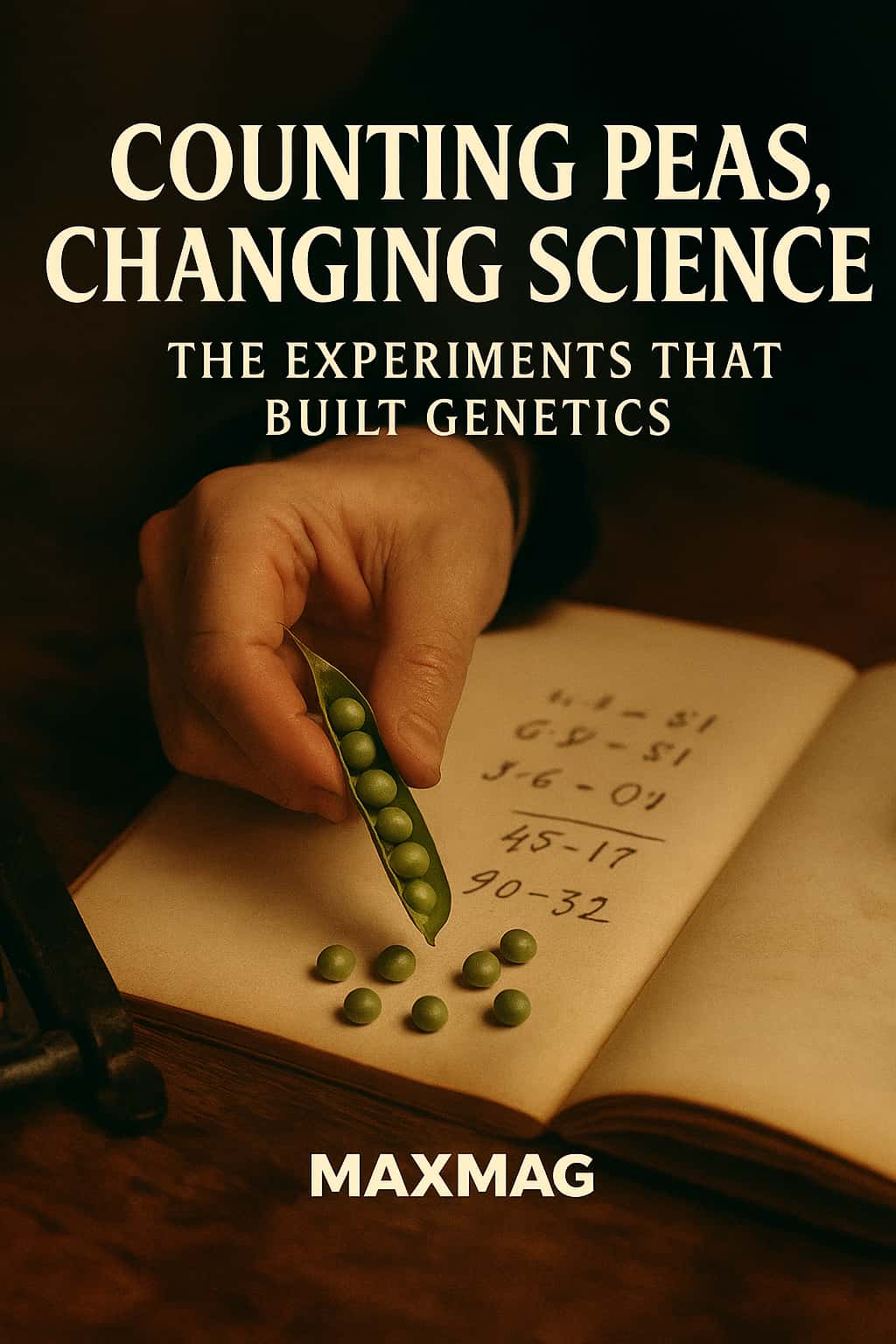 “Square cinematic ‘Pea Experiments’ thumbnail for the Gregor Mendel biography, showing a close-up of Mendel’s hand opening a pea pod over a notebook filled with ratio calculations, with the title ‘Counting Peas, Changing Science – The Experiments That Built Genetics’ and MAXMAG at the bottom centre.”