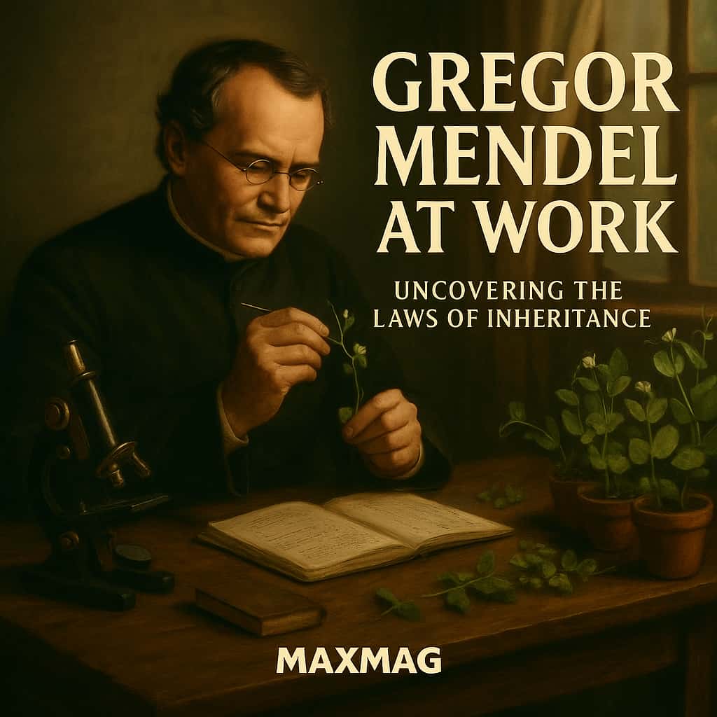 “Square cinematic thumbnail for the Gregor Mendel biography, showing Mendel at work in his study examining a pea plant beside a notebook and microscope, with the text ‘Gregor Mendel at Work – Uncovering the Laws of Inheritance’ and MAXMAG at the bottom centre.”