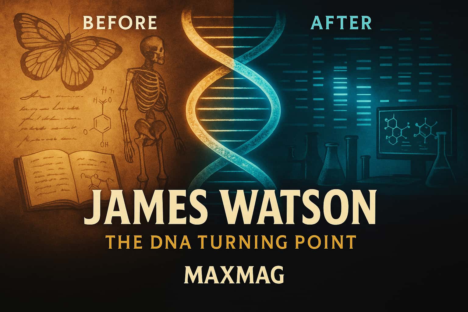Horizontal cinematic thumbnail for a James Watson biography article, split into a warm “Before” side with old anatomical drawings and notebooks and a cool “After” side with glowing DNA bands and lab equipment, joined by a central double helix and the MAXMAG logo at the bottom.