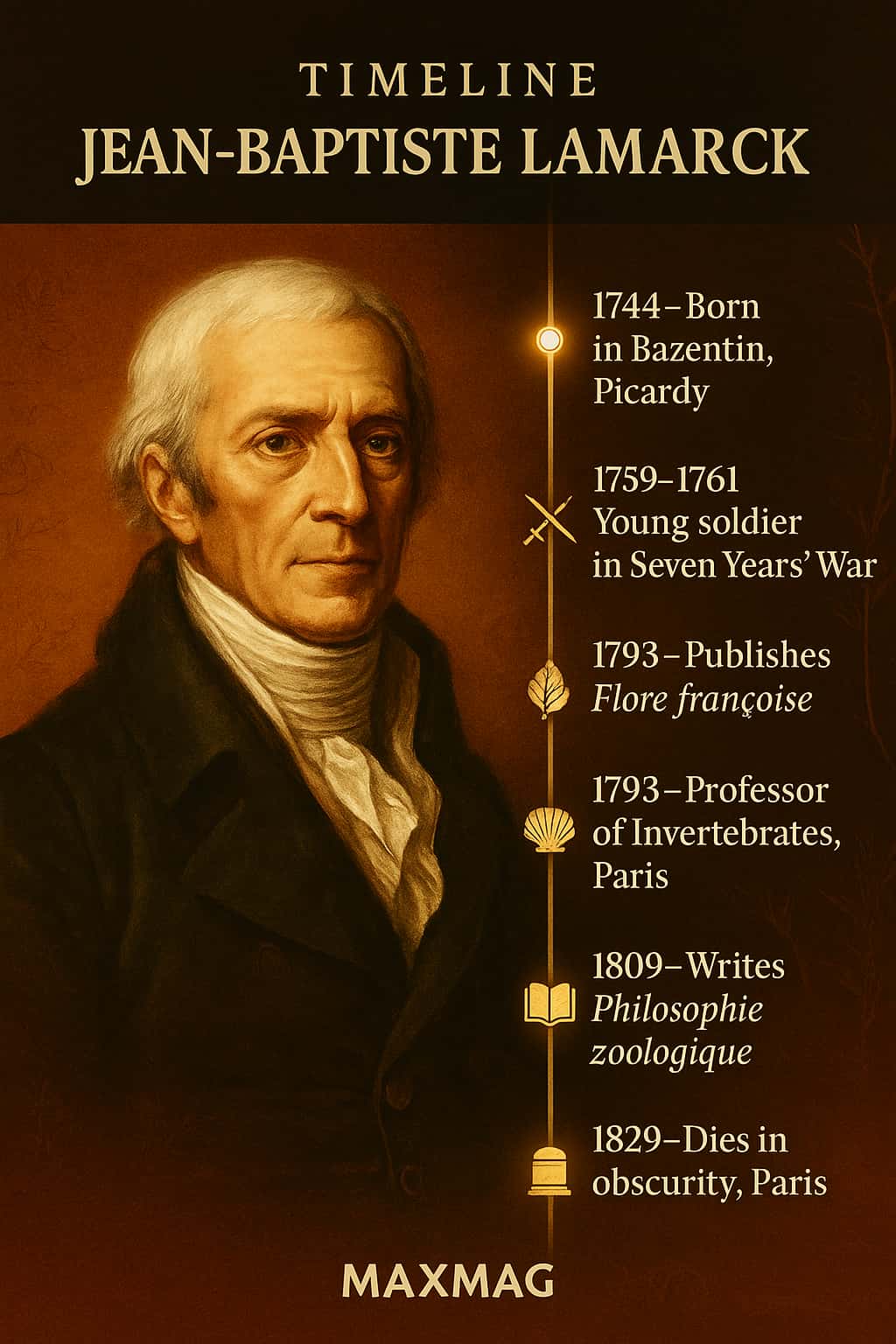 Cinematic vertical timeline of the Jean-Baptiste Lamarck biography, showing a painted portrait on the left and six golden timeline milestones with icons on the right, ending with the MAXMAG logo at the bottom centre.