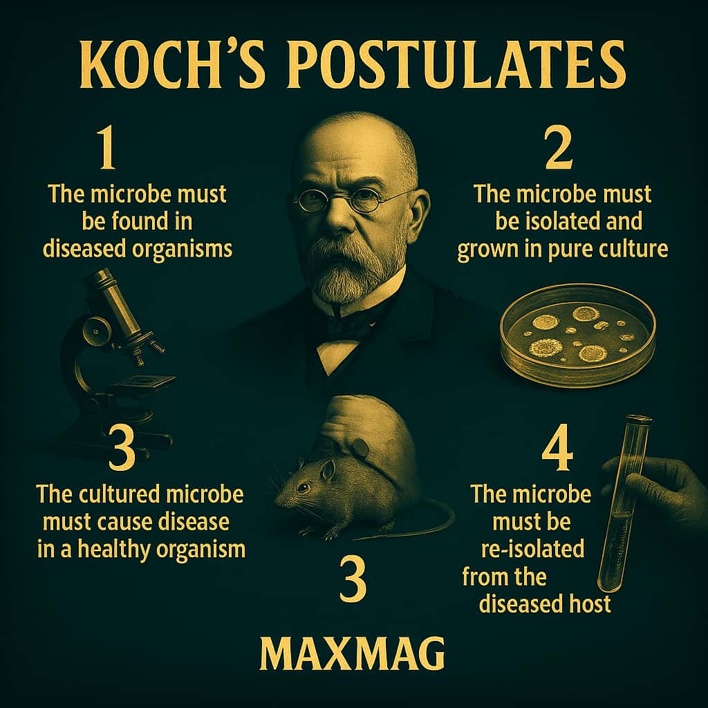 Cinematic square infographic for the Robert Koch biography titled “Koch’s Postulates”, with a central portrait of Robert Koch surrounded by four numbered panels that illustrate each postulate: finding the microbe in diseased organisms, isolating it in pure culture, causing disease in a healthy host, and re-isolating it, all in golden text on a deep teal background with MAXMAG branding at the bottom.