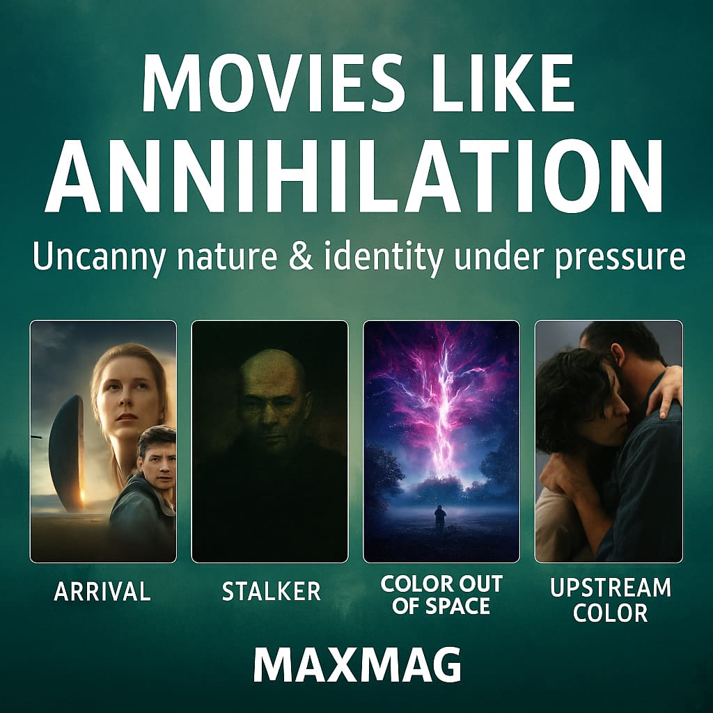 Square thumbnail for movies like Annihilation with a teal, Shimmer-inspired glow; four poster tiles—Arrival, Stalker, Color Out of Space, Upstream Color—and MAXMAG branding at the bottom.