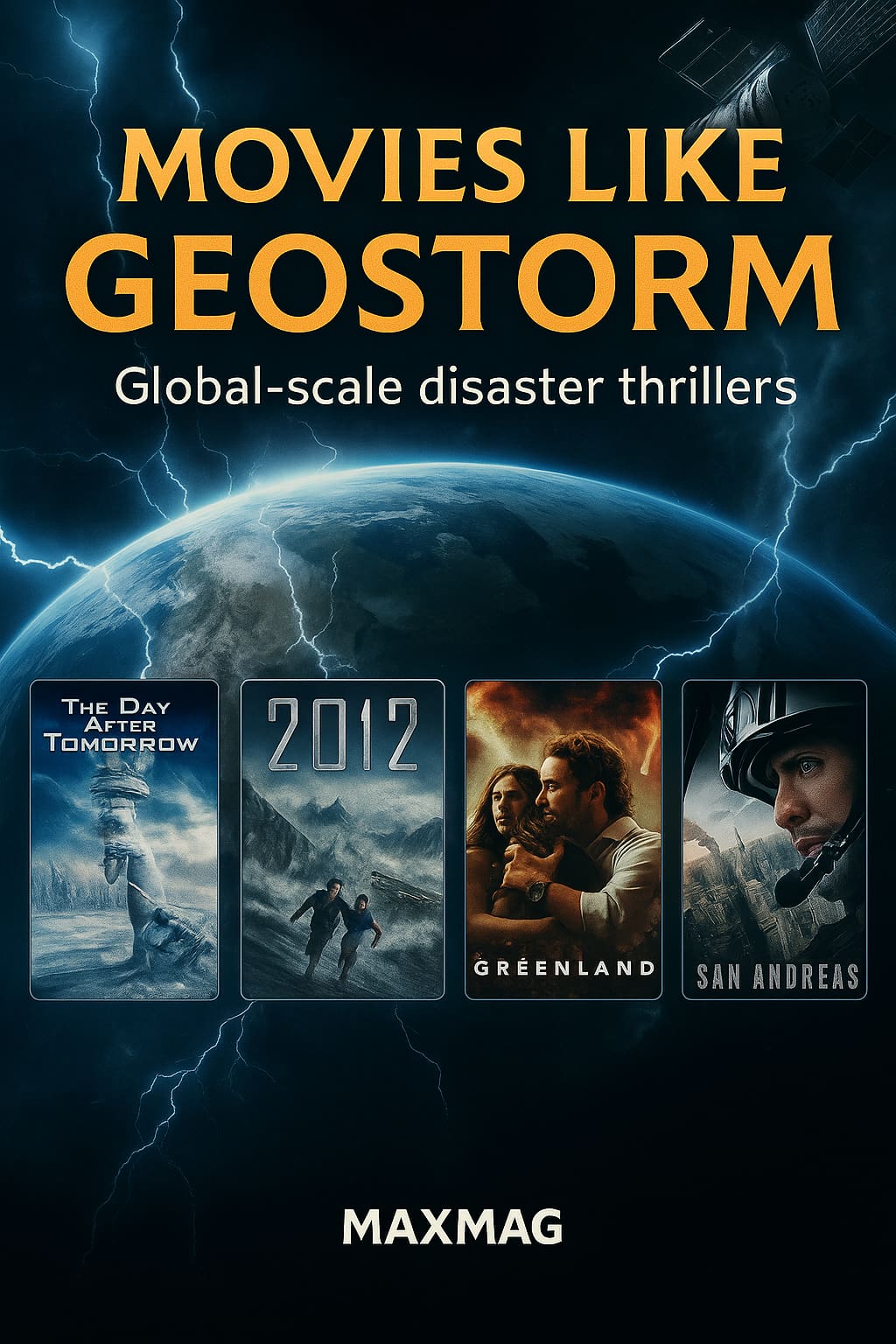 Cinematic thumbnail for “Movies like Geostorm” featuring a stormy Earth-from-orbit background with lightning, a satellite in the top right, the title “MOVIES LIKE GEOSTORM” in bold gold lettering, the subtitle “Global-scale disaster thrillers,” four movie posters (The Day After Tomorrow, 2012, Greenland, San Andreas) aligned in a row, and “MAXMAG” centered at the bottom.