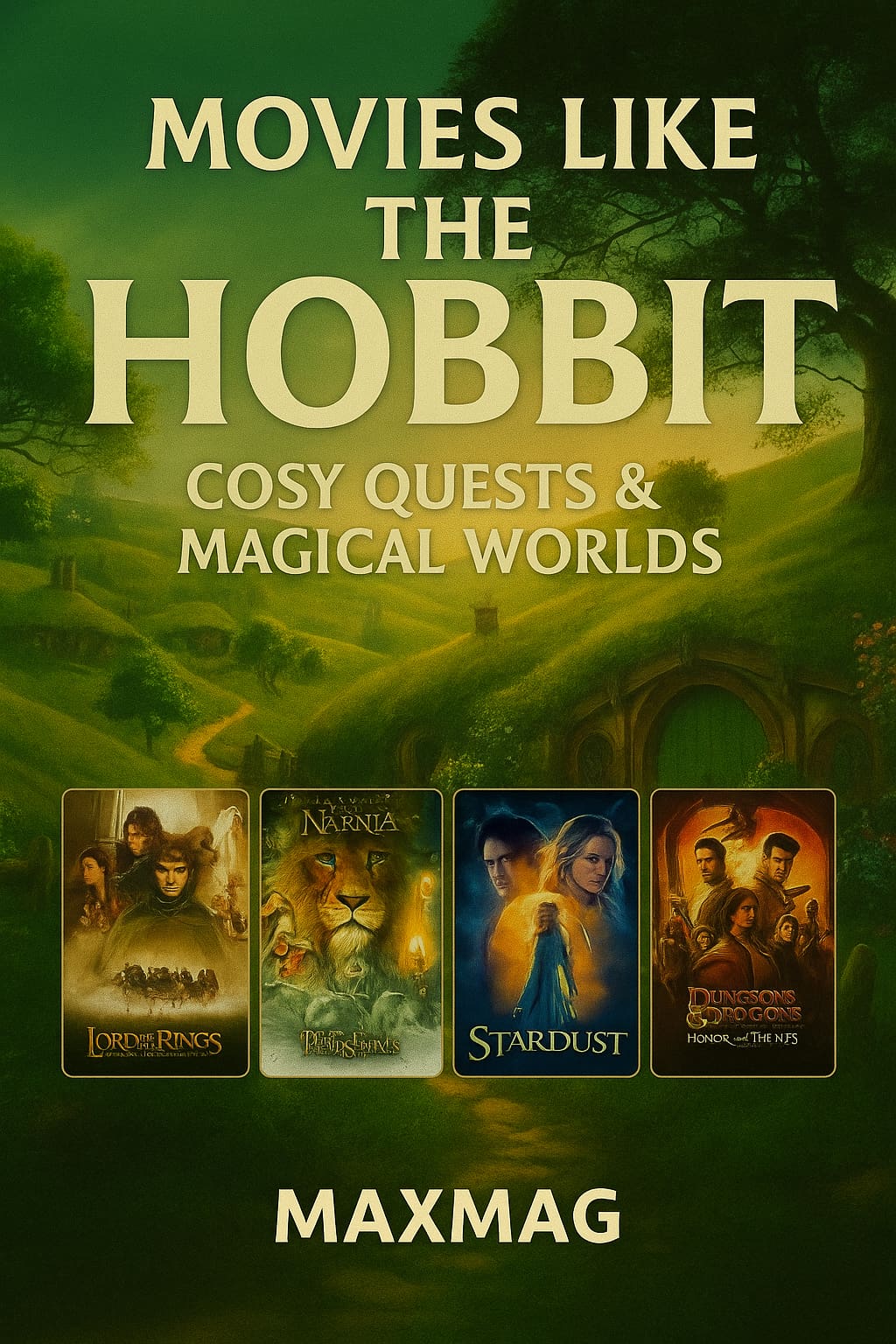 “Cinematic MAXMAG thumbnail titled ‘Movies Like The Hobbit’ with a Shire-style green hill background, Hobbit-hole doors, big cream title text, subtitle ‘Cosy Quests & Magical Worlds’, four posters in a row (The Lord of the Rings, The Chronicles of Narnia, Stardust, Dungeons & Dragons: Honor Among Thieves), and ‘MAXMAG’ at the bottom center.”