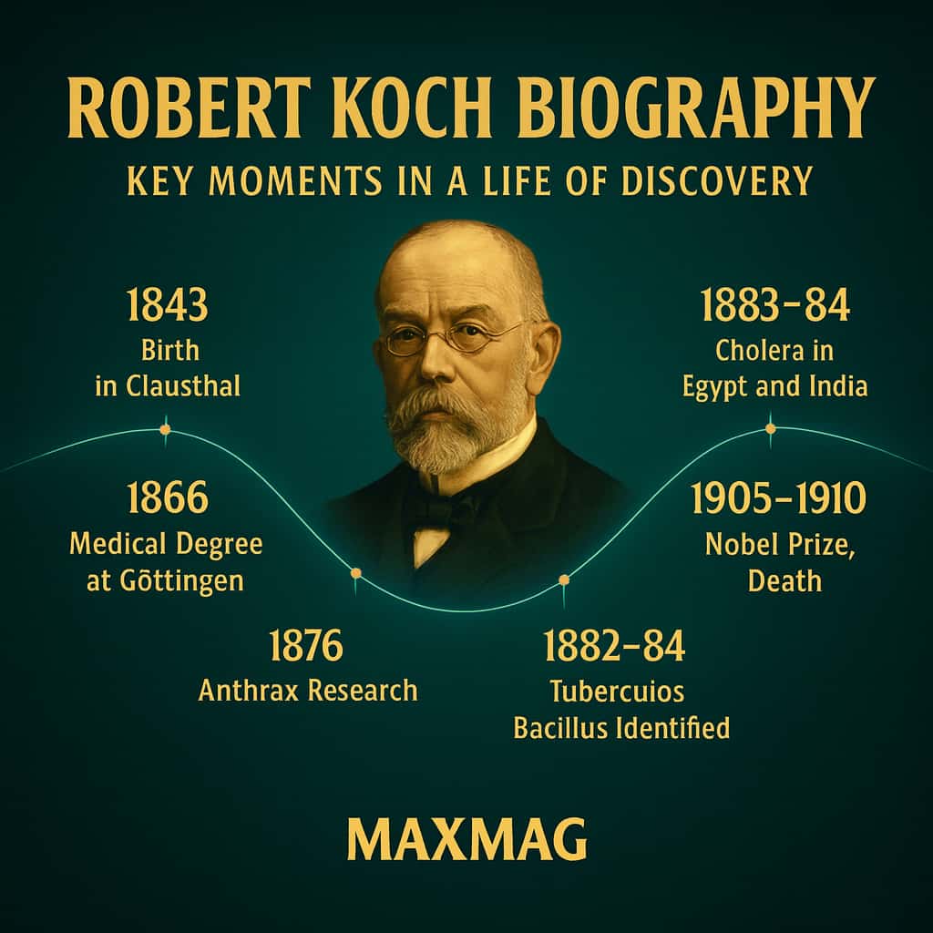 Cinematic square infographic in teal and gold for a Robert Koch biography, showing a central portrait of Robert Koch with a glowing wavy timeline of six milestones (1843 birth in Clausthal, 1866 medical degree at Göttingen, 1876 anthrax research, 1882–84 tuberculosis bacillus identified, 1883–84 cholera work in Egypt and India, 1905–1910 Nobel Prize and death), and the MAXMAG brand at the bottom center.