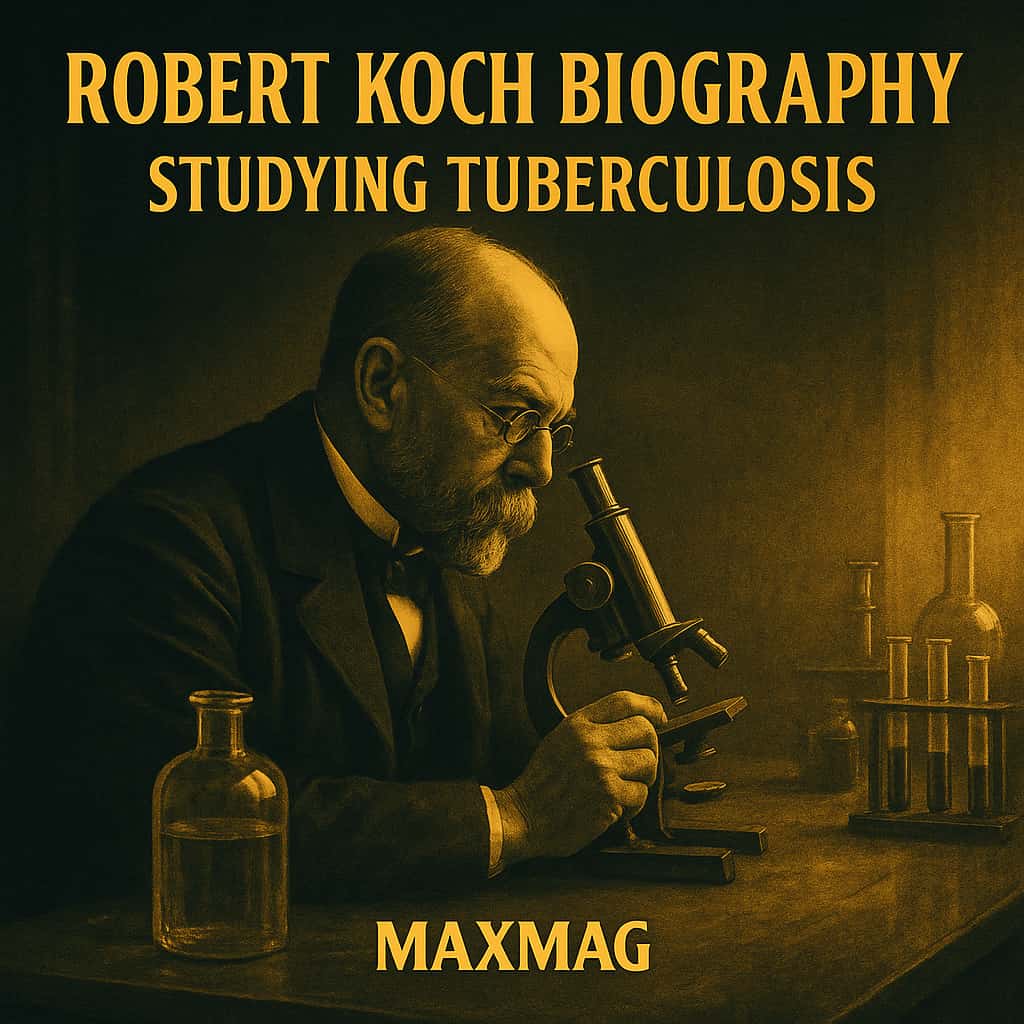 Cinematic square thumbnail for a Robert Koch biography showing Koch working at a wooden lab bench, intently looking through a brass microscope surrounded by glass bottles and test tubes, with the text “ROBERT KOCH BIOGRAPHY – STUDYING TUBERCULOSIS” above and “MAXMAG” at the bottom center.