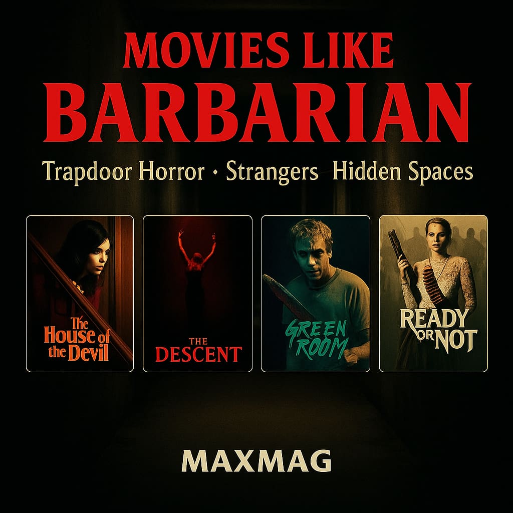 Cinematic square thumbnail for “Movies Like Barbarian,” showing four horror posters—The House of the Devil, The Descent, Green Room, and Ready or Not—set against a dark corridor background with bold red title and MAXMAG branding.