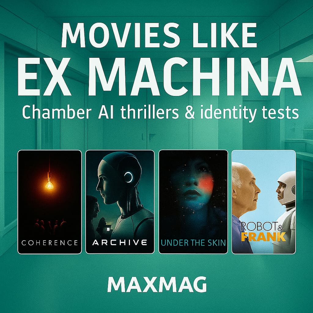 Square teal thumbnail titled “MOVIES LIKE EX MACHINA” over a sleek lab-corridor background. Subtitle: “Chamber AI thrillers & identity tests.” Four posters along the bottom: Coherence, Archive, Under the Skin, Robot & Frank. “MAXMAG” centred at the bottom.