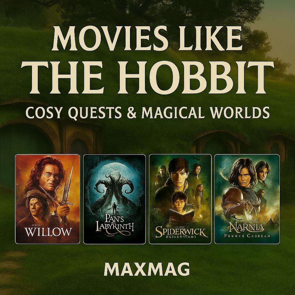 “Square MAXMAG thumbnail titled ‘Movies Like The Hobbit’ with Shire-green background and hobbit-hole doors, subtitle ‘Cosy Quests & Magical Worlds,’ and four fantasy posters in a row: Willow, Pan’s Labyrinth, The Spiderwick Chronicles, and The Chronicles of Narnia: Prince Caspian. MAXMAG at the bottom center.”