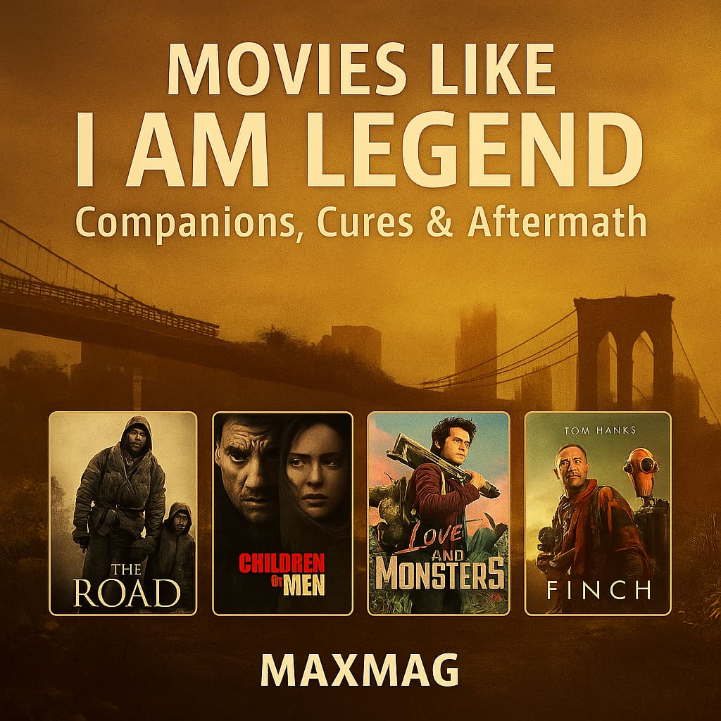 Square cinematic thumbnail for “Movies Like I Am Legend,” showing a post-apocalyptic New York in warm golden dusk. Title text at the top reads “MOVIES LIKE I AM LEGEND,” subtitle says “Companions, Cures & Aftermath.” At the bottom are four movie posters in a row: The Road, Children of Men, Love and Monsters, and Finch. “MAXMAG” is centered at the bottom.