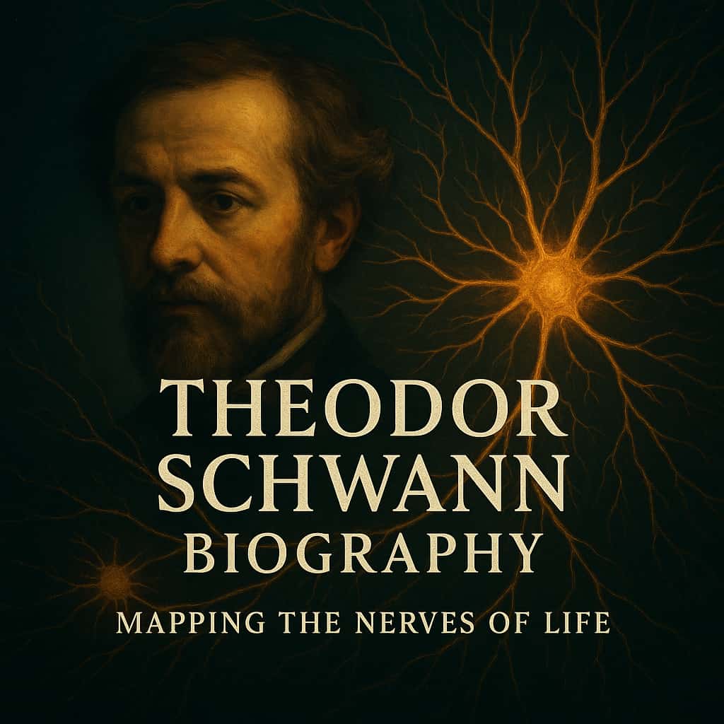 Neuro-cinematic square cover for a Theodor Schwann biography showing a moody painted portrait of Theodor Schwann emerging from a dark teal background, with glowing golden nerve trees branching out across the frame and the title “THEODOR SCHWANN BIOGRAPHY – Mapping the Nerves of Life” in bold serif lettering.
