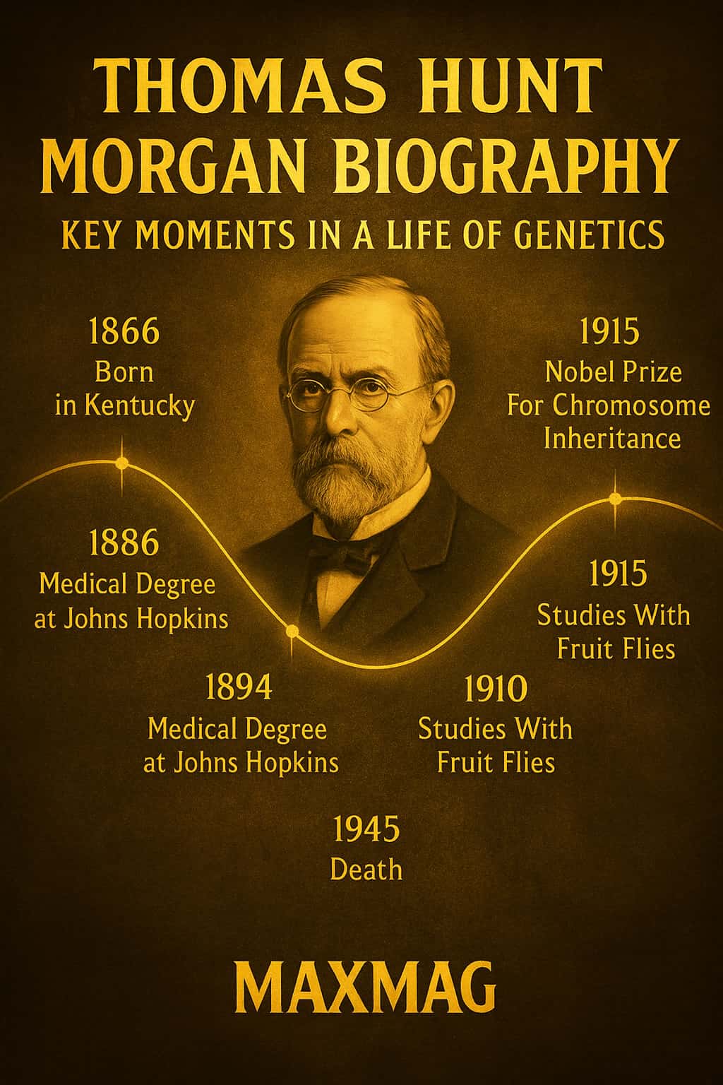 Cinematic golden-brown poster titled “Thomas Hunt Morgan Biography – Key Moments in a Life of Genetics”, featuring a central portrait of Thomas Hunt Morgan with a glowing wavy timeline marking milestones such as his 1866 birth, Johns Hopkins years, fruit fly studies, Nobel Prize and 1945 death, and the MAXMAG logo at the bottom.