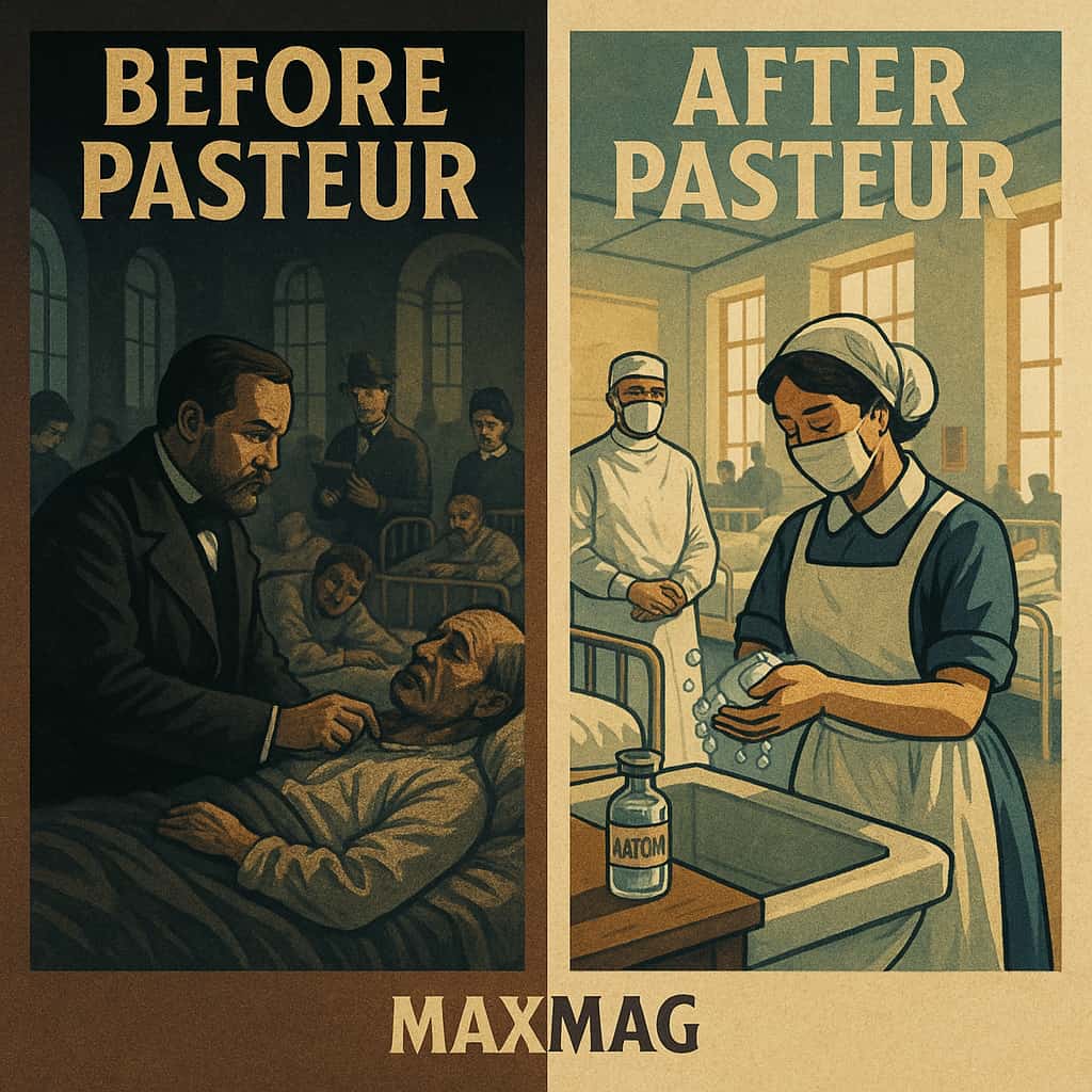 Cinematic split-panel illustration for a Louis Pasteur biography showing a dark, crowded “Before Pasteur” hospital ward on the left and a bright, sanitised “After Pasteur” ward on the right, with masked staff, handwashing and a vaccine vial, plus MAXMAG branding at the bottom centre.