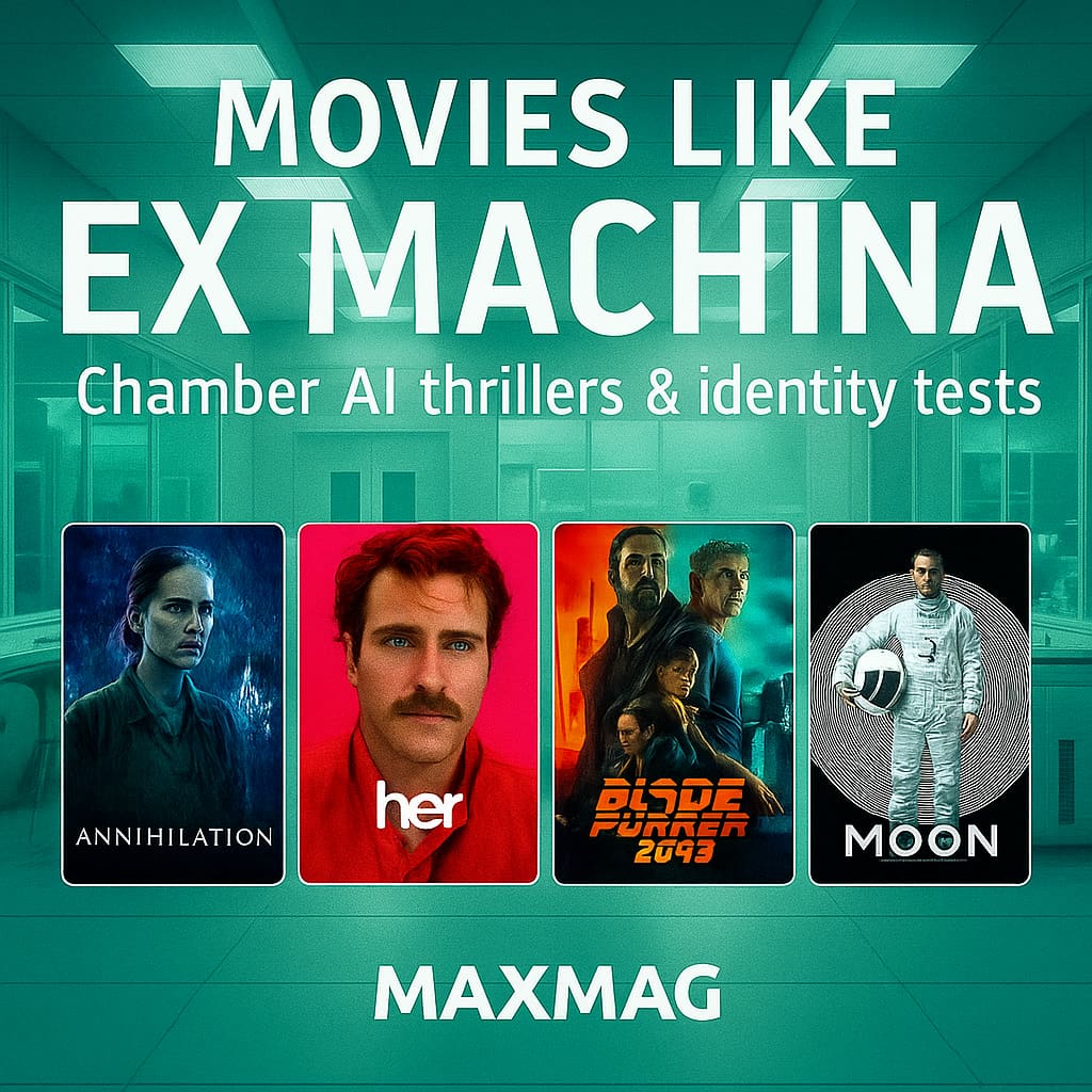 Square teal-toned thumbnail titled “MOVIES LIKE EX MACHINA” over a sleek glass-lab background. Subtitle reads “Chamber AI thrillers & identity tests.” Four movie posters are lined up at the bottom: Annihilation, Her, Blade Runner 2049, and Moon. “MAXMAG” is centred at the very bottom in white.