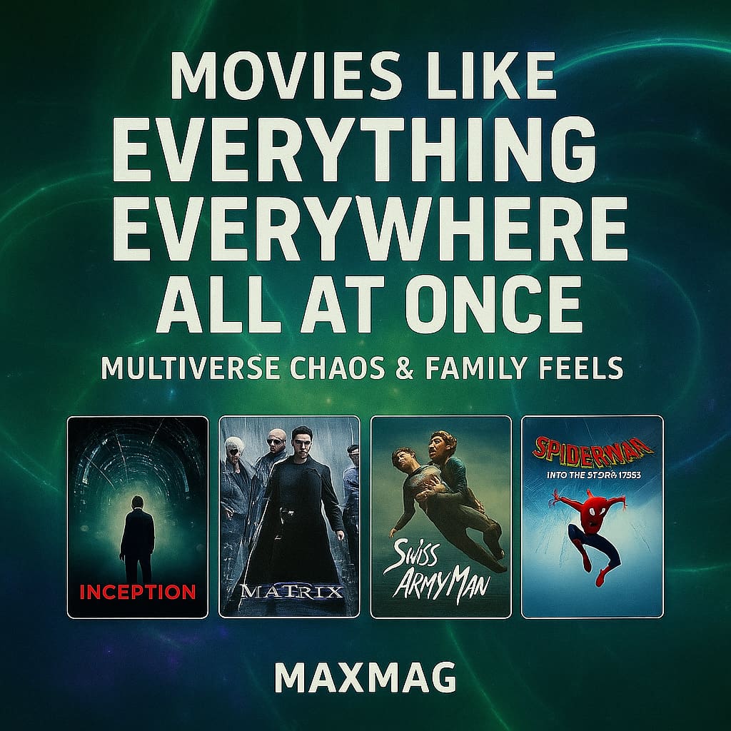 “Movies like Everything Everywhere All at Once” square thumbnail with swirling multiverse background in teal, title in bold white caps, subtitle “Multiverse Chaos & Family Feels,” four posters (Inception, The Matrix, Swiss Army Man, Spider-Man: Into the Spider-Verse) in a row, and “MAXMAG” centered at the bottom.