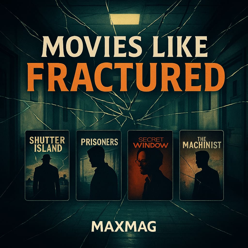 Square cinematic thumbnail for “Movies Like Fractured”: dark hospital corridor background with cracked-glass effect, big orange title “MOVIES LIKE FRACTURED” at the top, four thriller cards in the centre (“Shutter Island”, “Prisoners”, “Secret Window”, “The Machinist”), and “MAXMAG” at the bottom centre.