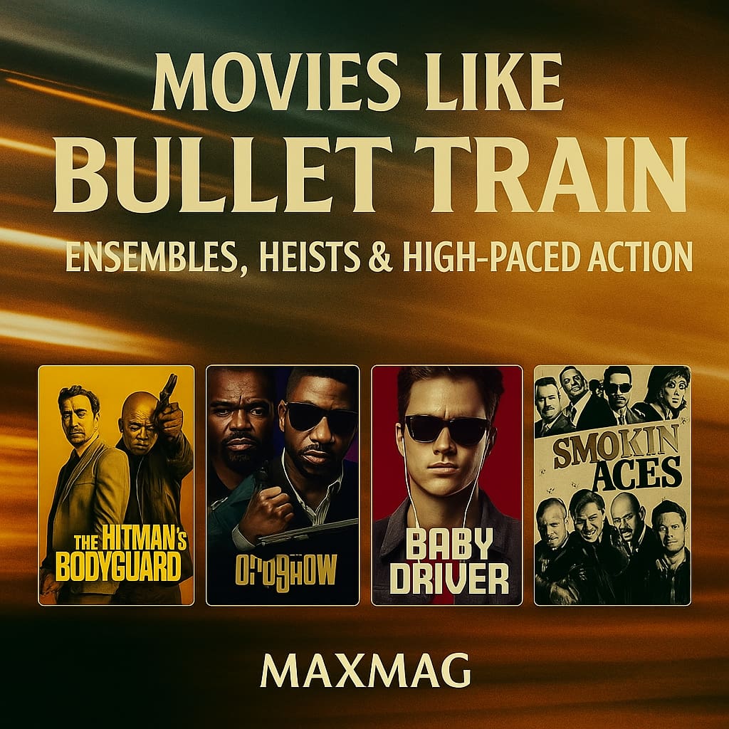 Square cinematic thumbnail for “Movies Like Bullet Train” featuring four action film posters—The Hitman’s Bodyguard, Otogshow, Baby Driver, and Smokin’ Aces—beneath bold cream text over a golden motion-blur background.