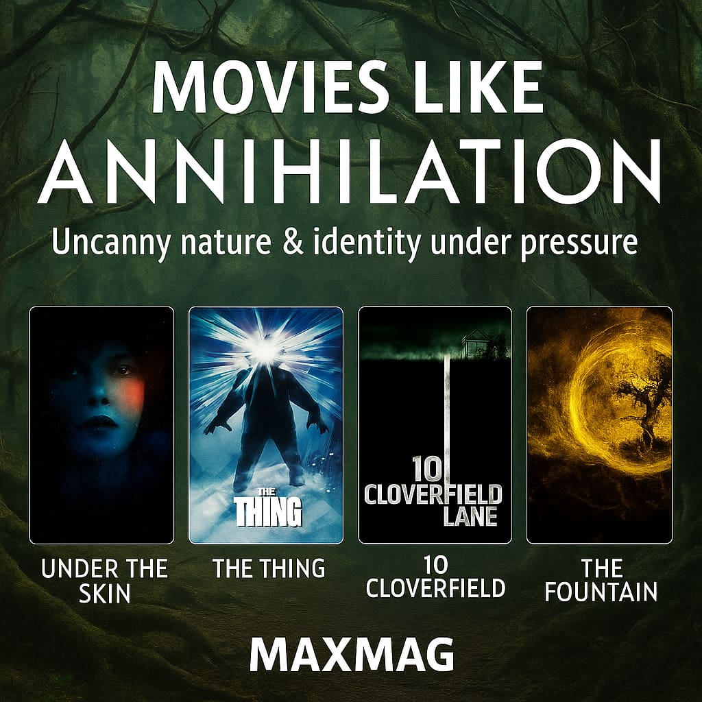 Square thumbnail for movies like Annihilation set in a dense, distorted forest reminiscent of the Shimmer; posters featured—Under the Skin, The Thing, 10 Cloverfield Lane, The Fountain—with MAXMAG footer.