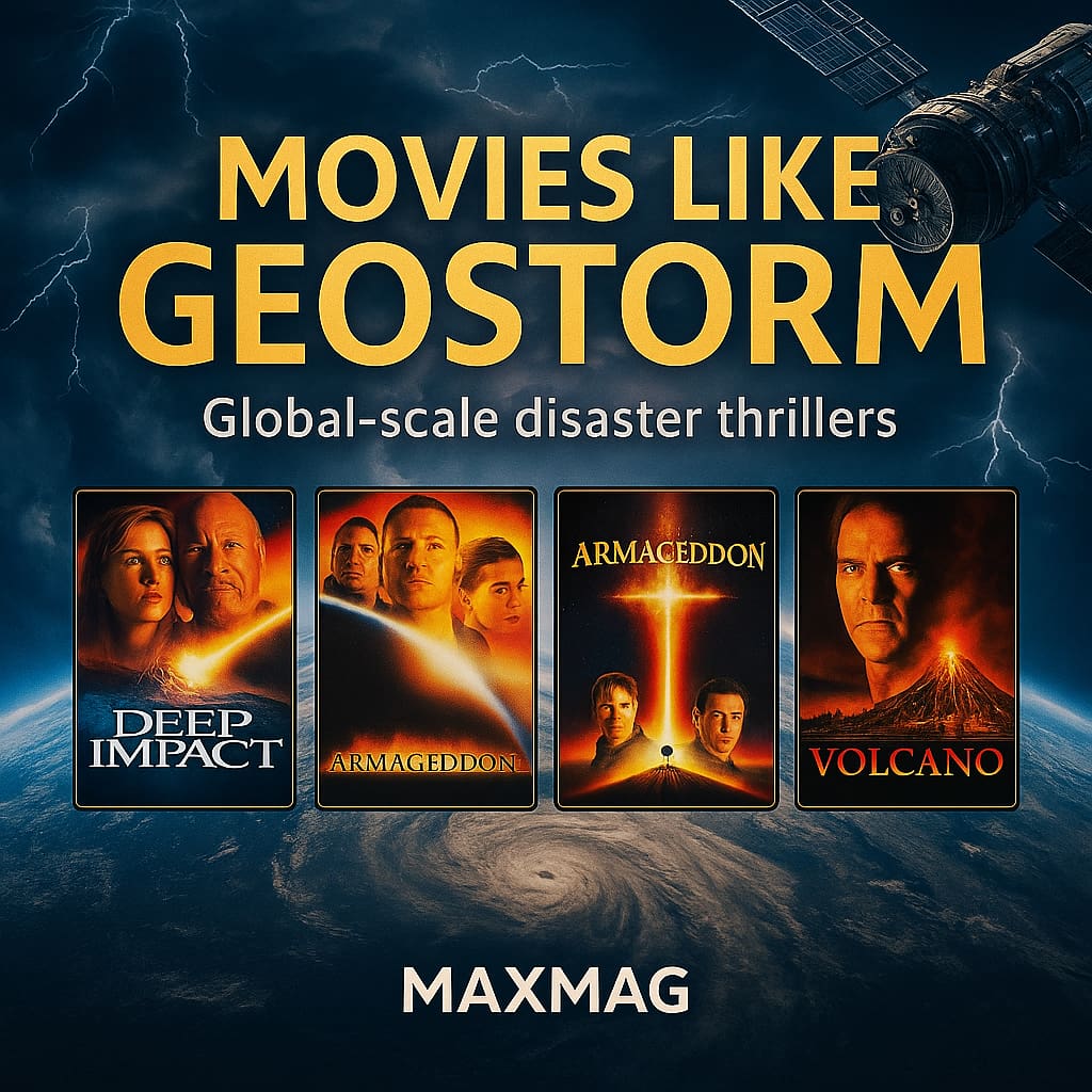 Square thumbnail for “Movies like Geostorm” with a stormy Earth-from-orbit background, lightning, and a satellite in the top right. Bold gold title “MOVIES LIKE GEOSTORM” and subtitle “Global-scale disaster thrillers.” Four different posters in a row: Deep Impact, Armageddon (first style), Armageddon (alternate style), Volcano. “MAXMAG” centered at the bottom.