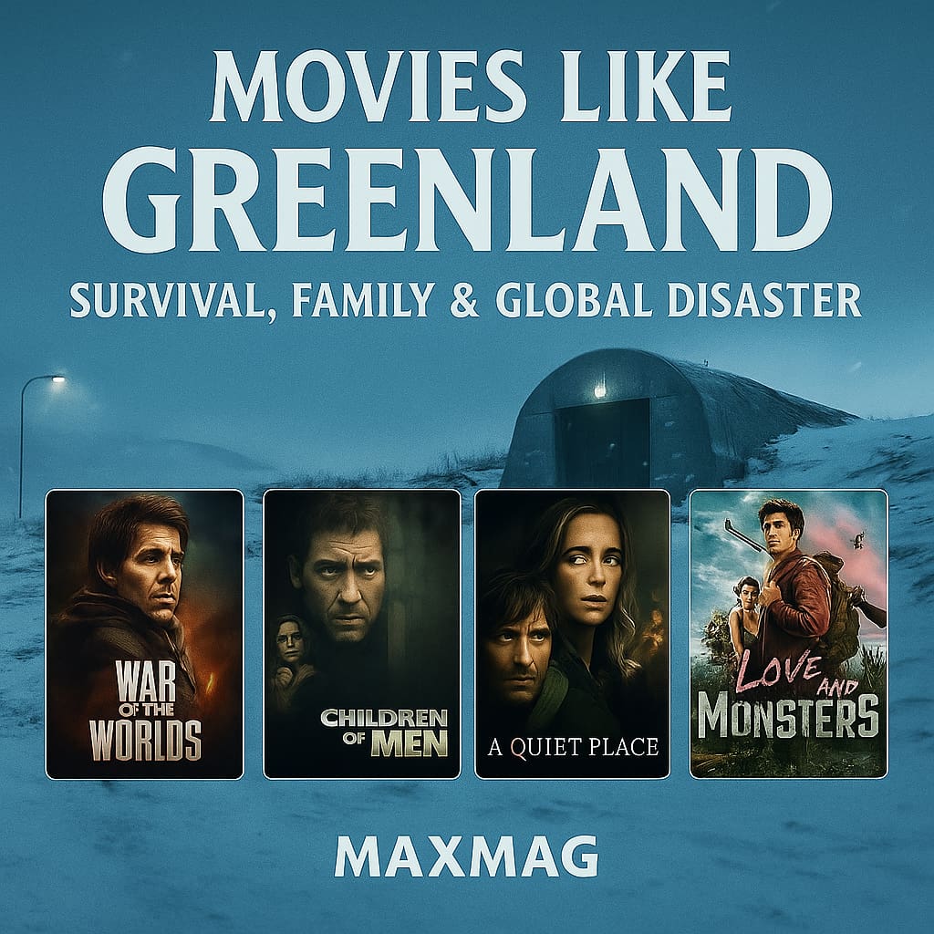 Thumbnail for “Movies Like Greenland” with a cold blue arctic-bunker background, big title at the top, subtitle “Survival, Family & Global Disaster,” four posters in a row (War of the Worlds, Children of Men, A Quiet Place, Love and Monsters), and MAXMAG centered at the bottom.